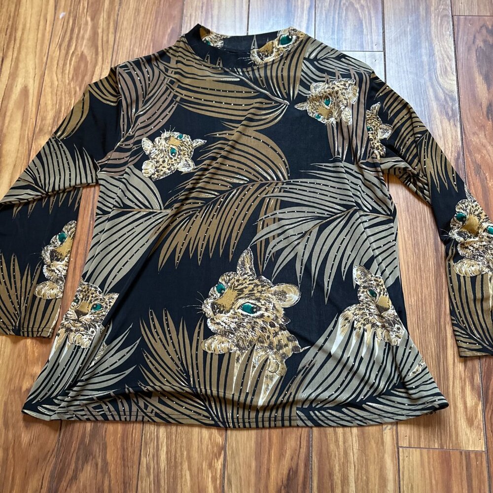 Vintage 80s 90s Gianni Nicole black gold Leopard and palm leaf print Long sleeve